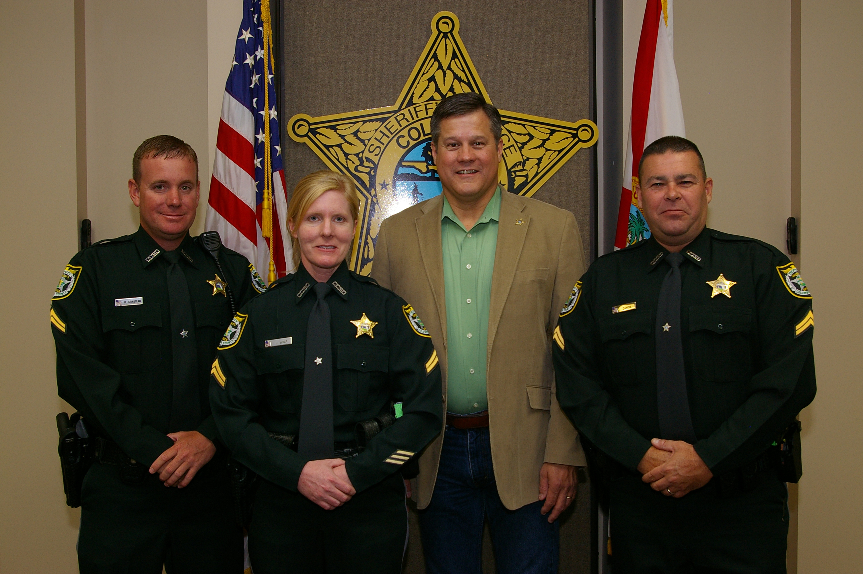 L-R Sgt. Matt Grinstead, Sgt. Jennifer Wolf, Sheriff Mark Hunter, and Sgt. Rick Damon