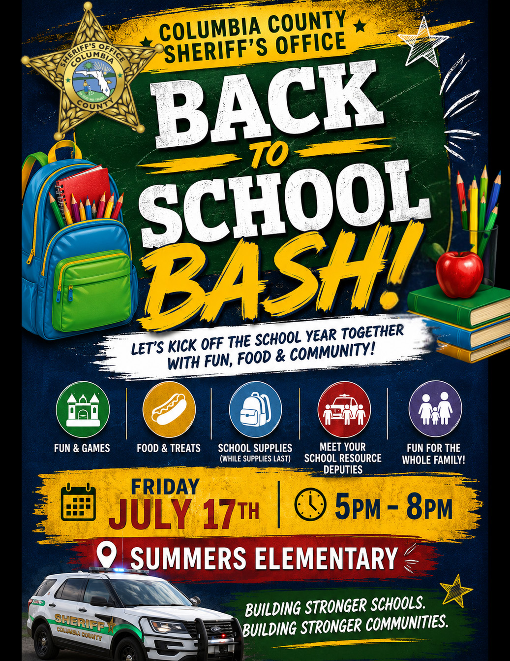 Flyer for the Back to School Bash event on July 17 at Summers Elementary